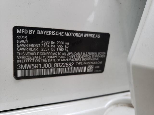 3MW5R1J00L8B22882 - 2020 BMW 330I WHITE photo 10