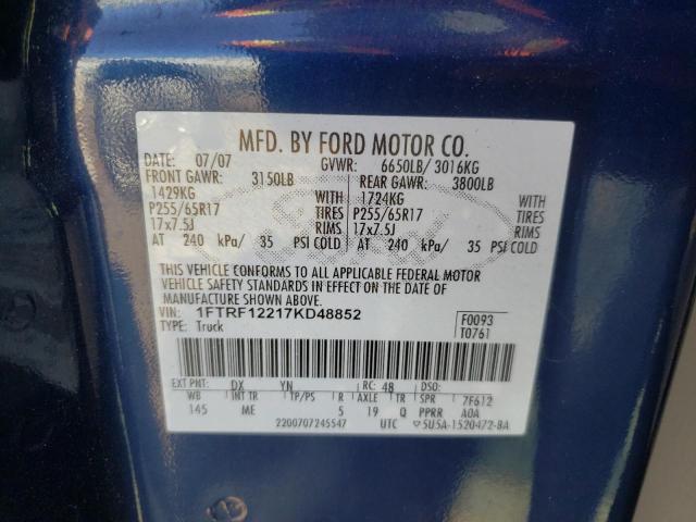 1FTRF12217KD48852 - 2007 FORD F150 BLUE photo 10