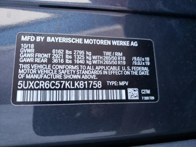 5UXCR6C57KLK81758 - 2019 BMW X5 XDRIVE4 CHARCOAL photo 10