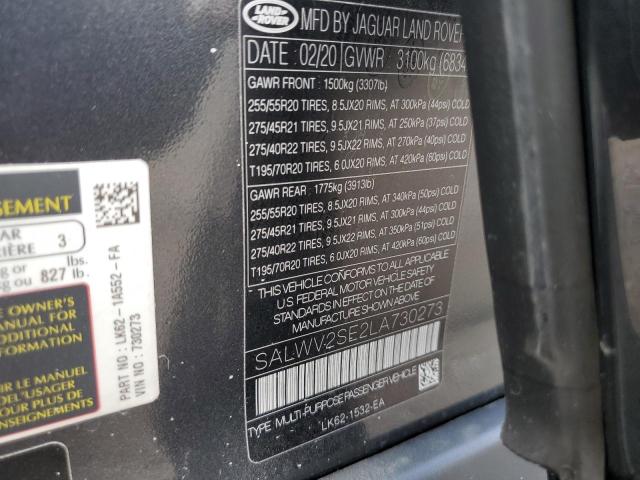 SALWV2SE2LA730273 - 2020 LAND ROVER RANGE ROVE CHARCOAL photo 10