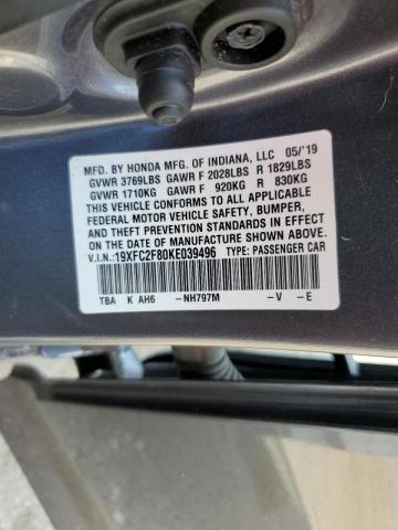 19XFC2F80KE039496 - 2019 HONDA CIVIC SPOR GRAY photo 10