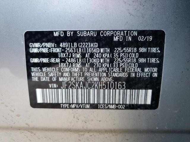 JF2SKAJC2KH510163 - 2019 SUBARU FORESTER S SILVER photo 10