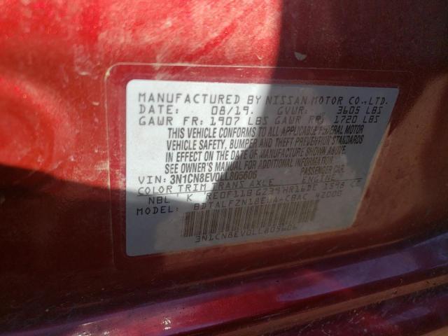 3N1CN8EV0LL805606 - 2020 NISSAN VERSA SV RED photo 10