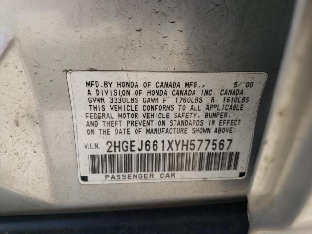 2HGEJ661XYH577567 - 2000 HONDA CIVIC BASE SILVER photo 10