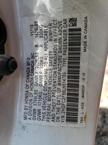 2HGFC2F88LH514769 - 2020 HONDA CIVIC SPOR WHITE photo 10