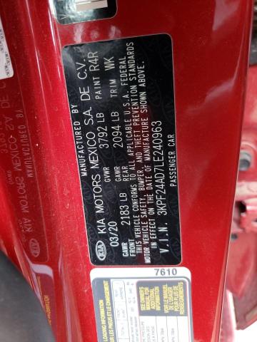 3KPF24AD7LE240963 - 2020 KIA FORTE FE RED photo 10