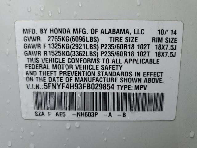 5FNYF4H93FB029854 - 2015 HONDA PILOT WHITE photo 10