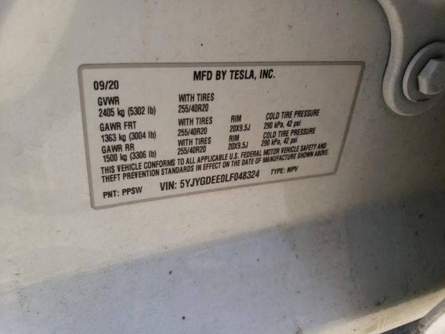 5YJYGDEE0LF048324 - 2020 TESLA MODEL Y Blanc photo 10