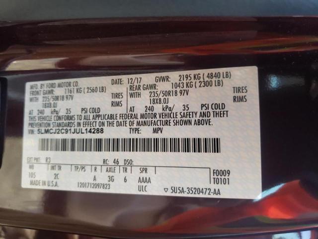 5LMCJ2C91JUL14288 - 2018 LINCOLN MKC SELECT 勃艮第红 照片 10