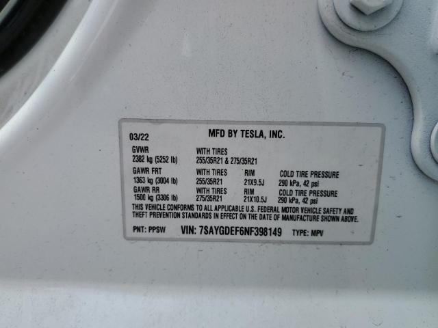 7SAYGDEF6NF398149 - 2022 TESLA MODEL Y أبيض صورة 10