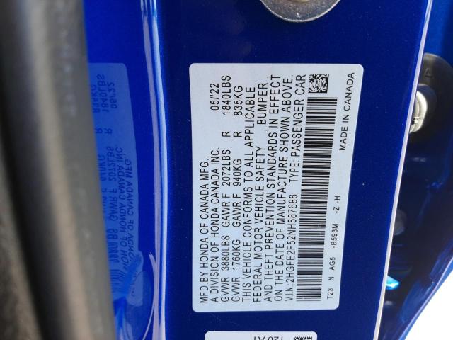 2HGFE2F52NH587686 - 2022 HONDA CIVIC SPOR BLUE photo 10