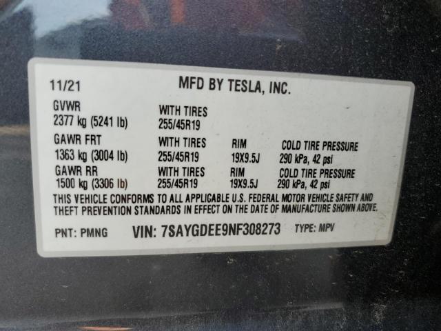7SAYGDEE9NF308273 - 2022 TESLA MODEL Y  صورة 10