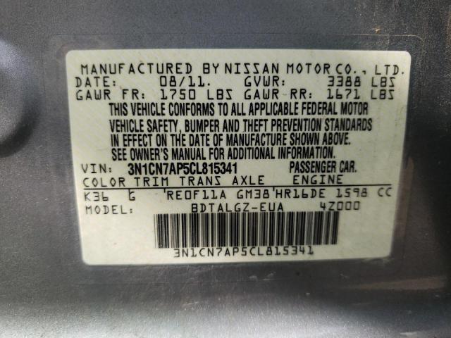 3N1CN7AP5CL815341 - 2012 NISSAN VERSA S SILVER photo 10