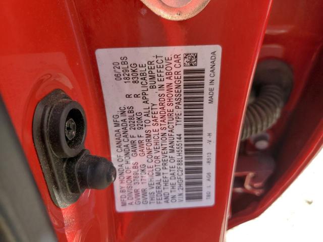 2HGFC2F88LH555144 - 2020 HONDA CIVIC SPOR RED photo 10