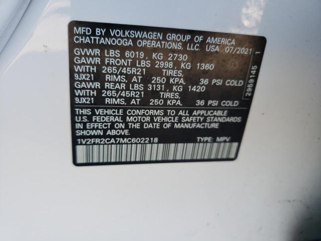 1V2FR2CA7MC602218 - 2021 VOLKSWAGEN ATLAS SEL Ağ foto 10
