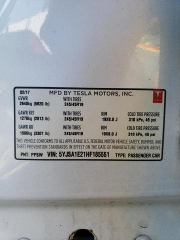 5YJSA1E21HF185551 - 2017 TESLA MODEL S Սպիտակ լուսանկար 10