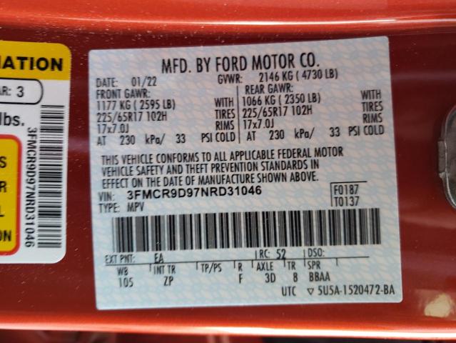 3FMCR9D97NRD31046 - 2022 FORD BRONCO SPO RED photo 10