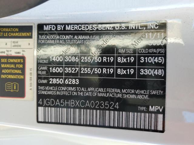 4JGDA5HBXCA023524 - 2012 MERCEDES-BENZ ML 350 4MA WHITE photo 10