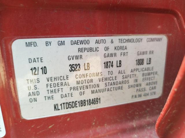 KL1TD5DE1BB184691 - 2011 CHEVROLET AVEO LS 红色 照片 10