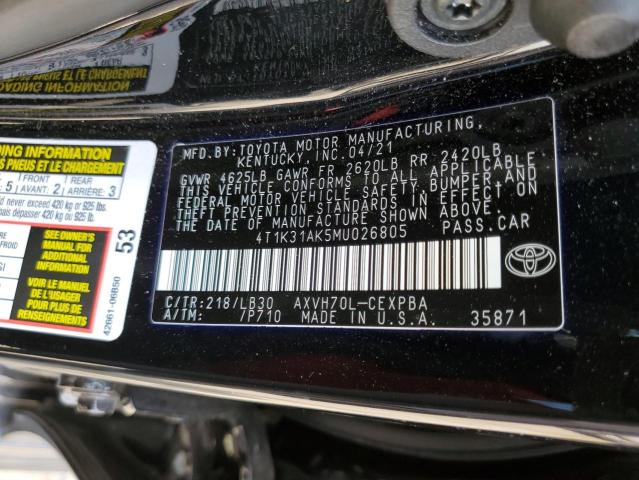 4T1K31AK5MU026805 - 2021 TOYOTA UK BLACK photo 10