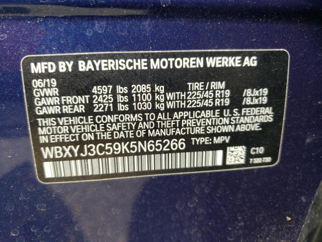 WBXYJ3C59K5N65266 - 2019 BMW X2 SDRIVE2 BLUE photo 10