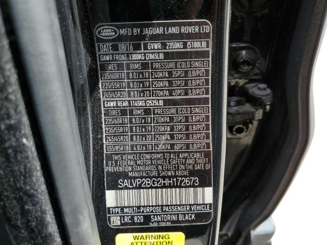 SALVP2BG2HH172673 - 2017 LAND ROVER RANGE ROVE BLACK photo 10