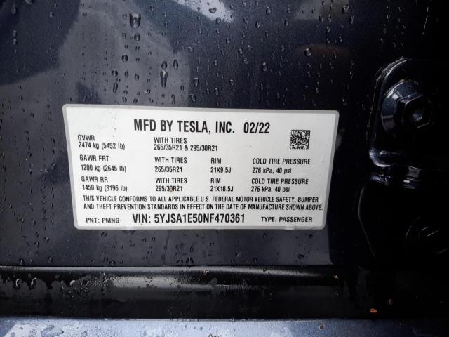 5YJSA1E50NF470361 - 2022 TESLA MODEL S Boz foto 10
