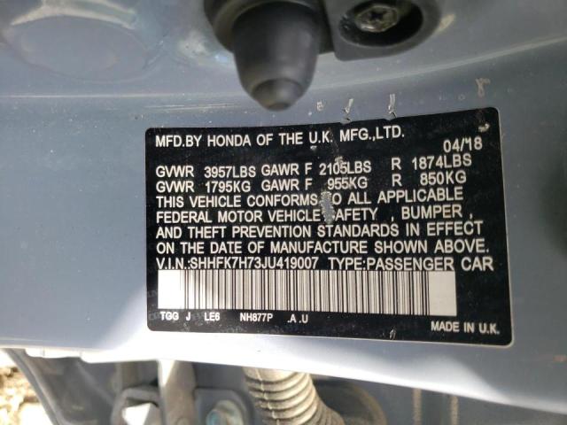 SHHFK7H73JU419007 - 2018 HONDA CIVIC EXL 灰色 照片 10