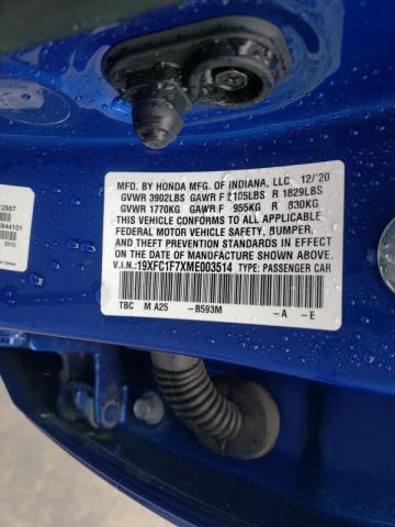19XFC1F7XME003514 - 2021 HONDA CIVIC EXL Mavi foto 10
