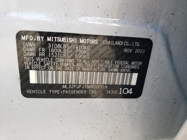 ML32FUFJ1NHF02318 - 2022 MITSUBISHI MIRAGE G4 WHITE photo 10