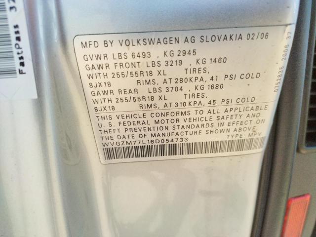 WVGZM77L16D054733 - 2006 VOLKSWAGEN TOUAREG 4. SILVER photo 10