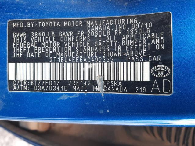 2T1BU4EE6AC492355 - 2010 TOYOTA COROLLA BASE  照片 10