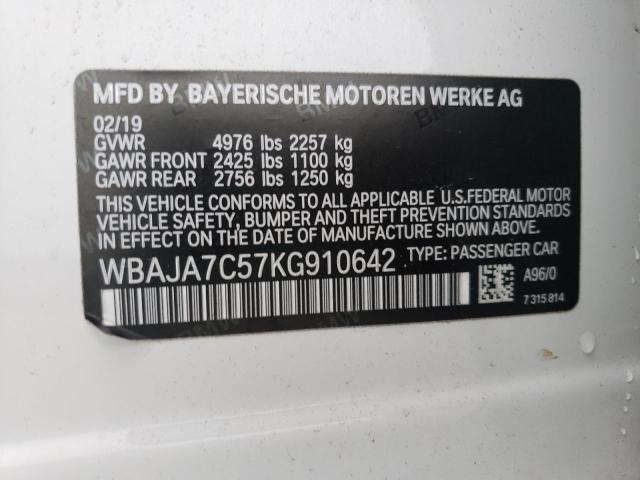 WBAJA7C57KG910642 - 2019 BMW 530 XI WHITE photo 10