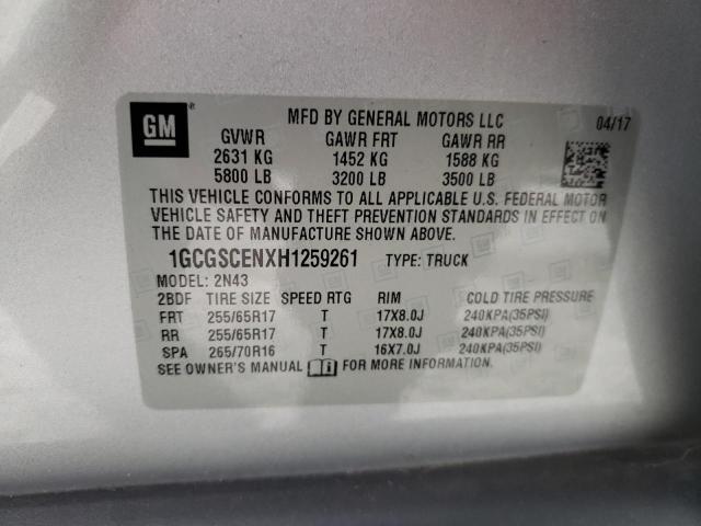 1GCGSCENXH1259261 - 2017 CHEVROLET COLORADO L SILVER photo 10
