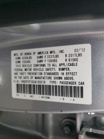 1HGCP2F35CA109219 - 2012 HONDA ACCORD LX SILVER photo 10