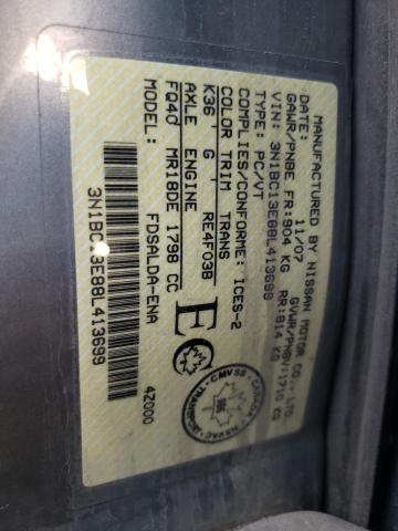 3N1BC13E88L413699 - 2008 NISSAN VERSA S GRAY photo 10