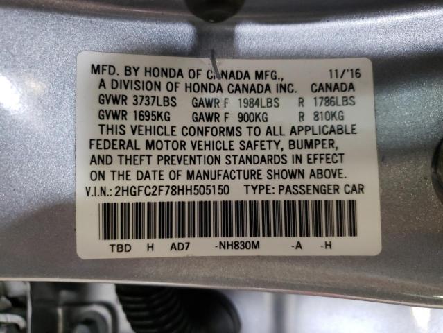 2HGFC2F78HH505150 - 2017 HONDA CIVIC EX SILVER photo 10