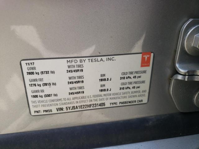 5YJSA1E22HF231405 - 2017 TESLA MODEL S Gümüş foto 10
