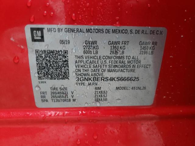 3GNKBERS4KS666625 - 2019 CHEVROLET BLAZER RS RED photo 10