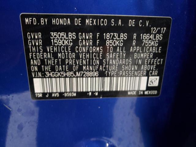 3HGGK5H85JM728896 - 2018 HONDA FIT EX BLUE photo 10