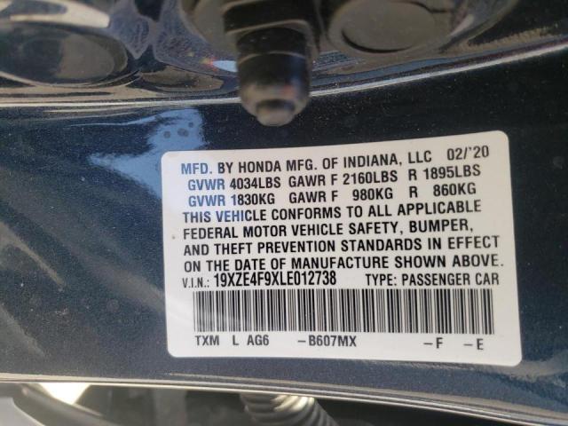 19XZE4F9XLE012738 - 2020 HONDA INSIGHT TO BLUE photo 10