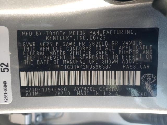 4T1G31AK3NU596387 - 2022 TOYOTA CAMRY NIGH SILVER photo 10