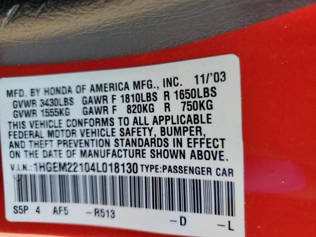 1HGEM22104L018130 - 2004 HONDA CIVIC DX VP  photo 10