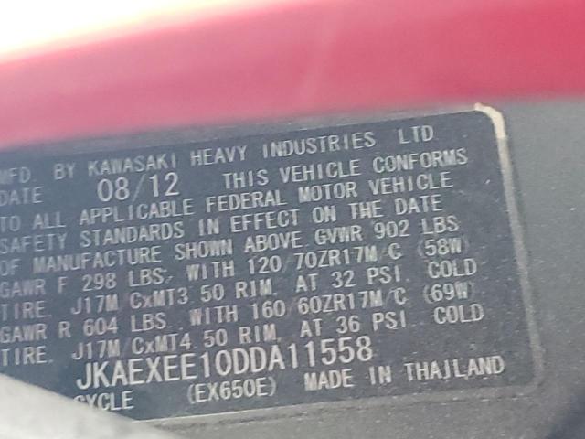 JKAEXEE10DDA11558 - 2013 KAWASAKI EX650 E RED photo 10
