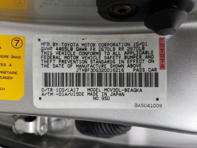 JTHBF30G320016216 - 2002 LEXUS ES 300 SILVER photo 10