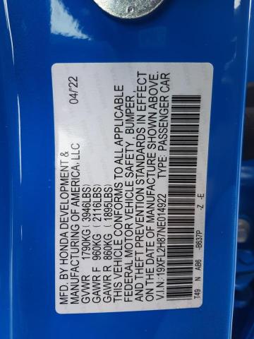 19XFL2H87NE014922 - 2022 HONDA CIVIC SPOR BLUE photo 10