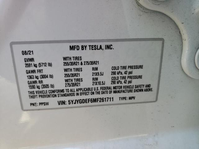 5YJYGDEF6MF261711 - 2021 TESLA MODEL Y Белый фото 10