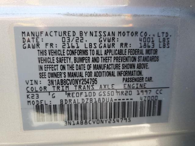 3N1AB8CV0NY254795 - 2022 NISSAN SENTRA SV SILVER photo 10