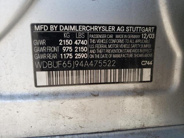 WDBUF65J94A475522 - 2004 MERCEDES-BENZ E 320 SILVER photo 10