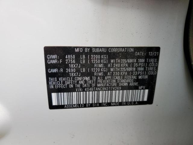 4S4BTANC9N3174269 - 2022 SUBARU OUTBACK LI WHITE photo 10